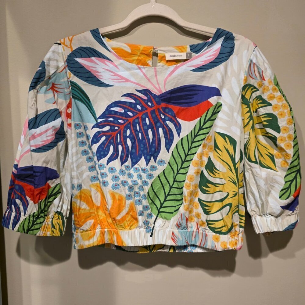 Maude Vivante Colorful Tropical Crop Long Sleeve Shirt Large